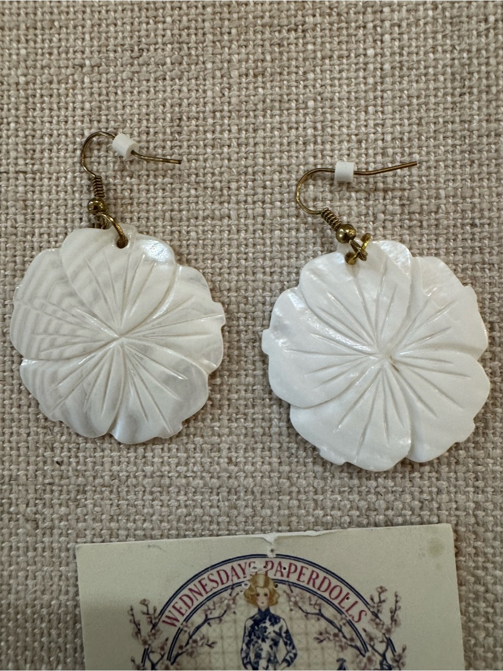 Hand Carved Flower White Mother of Pearl Shell Dangle Earrings